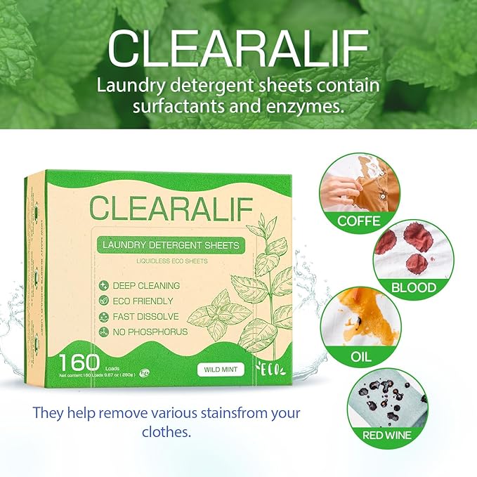 Laundry Detergent Sheets Up to 160 Loads, Wild Mint - Great For Travel,Apartments, Dorms,CLEARALIF Laundry Detergent Strips Eco Friendly & Hypoallergenic - 80 Sheets-Ruum Studio Home
