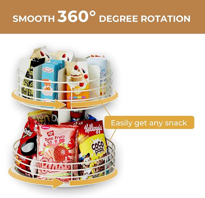 Snack Organizer - Versatile Snack Storage 2 Tier Lazy Susan with Convenient Grab-and-Go Design, Metal Snack Holder for Home, Office, Breakroom, 12.13" L x 12.13" W x 12.56" H (Matte White)-Ruum Studio Home