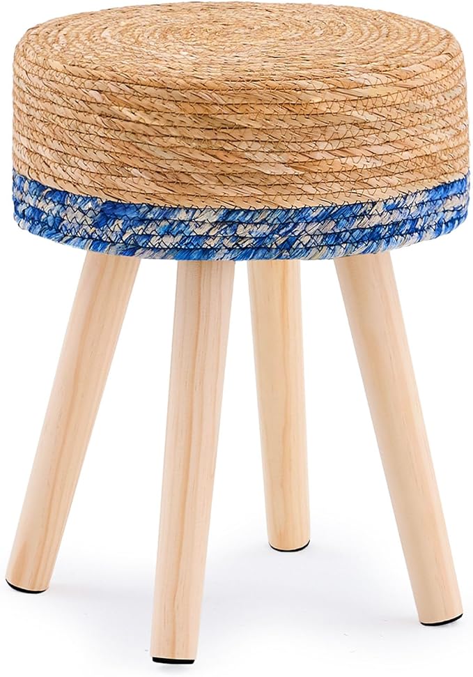 Handwoven Outdoor Ottoman, Water Hyacinth Pouf Round Patio Footstool with Wood Legs, 17-Inch Multipurpose Vanity Stool, Dining Chair, Patio Footrest for Balcony and Garden, Blue-Ruum Studio Home