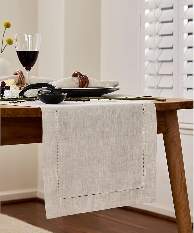 Solino Home Linen Light Natural Table Runner 60 Inches - Classic Hemstitch, 100% Pure Linen Coffee Table Runner 14 x 60 Inch Ideal for Dresser Tables - Fall, Autumn, Halloween, Thanksgiving-Ruum Studio Home