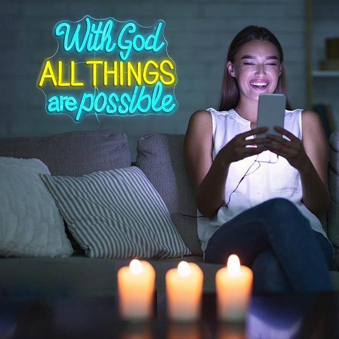 With God All Things Are Possible Neon Sign 16.5 * 12.6 Inch Led God Light Up Sign Dimmable USB Neon Light for Room Wedding Party Church Wall Decor (Ice Blue Yellow)-Ruum Studio Home