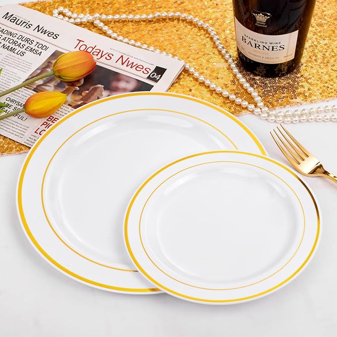 FLOWERCAT 60PCS Gold Plastic Plates - Heavy Duty White and Gold Plastic Plates Disposable for New Year/Thanksgiving Party/Wedding - Include 30PCS 10.25" Dinner Plates and 30PCS 7.5" Dessert Plates-Ruum Studio Home