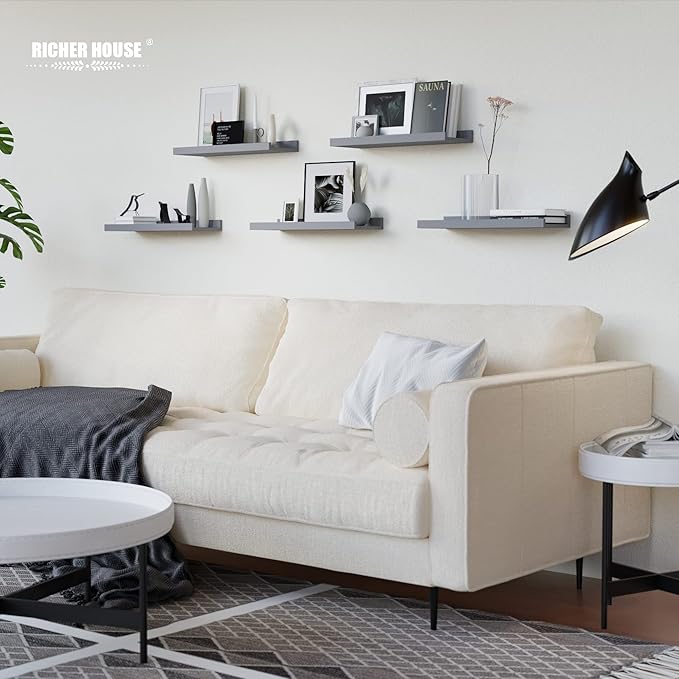 RICHER HOUSE Mounted Shelves for Wall Decor, Modern Picture Ledge Shelf with Lip for Wall Storage Nursery, Bedroom, Living Room, Bathroom - Grey-Ruum Studio Home