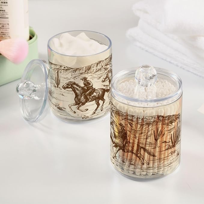 2 Pack Qtip Holder Organizer Dispenser Western Desert Cowboy Bathroom Storage Canister Cotton Ball Holder Container for Cotton Swabs/Pads/Floss-Ruum Studio Home