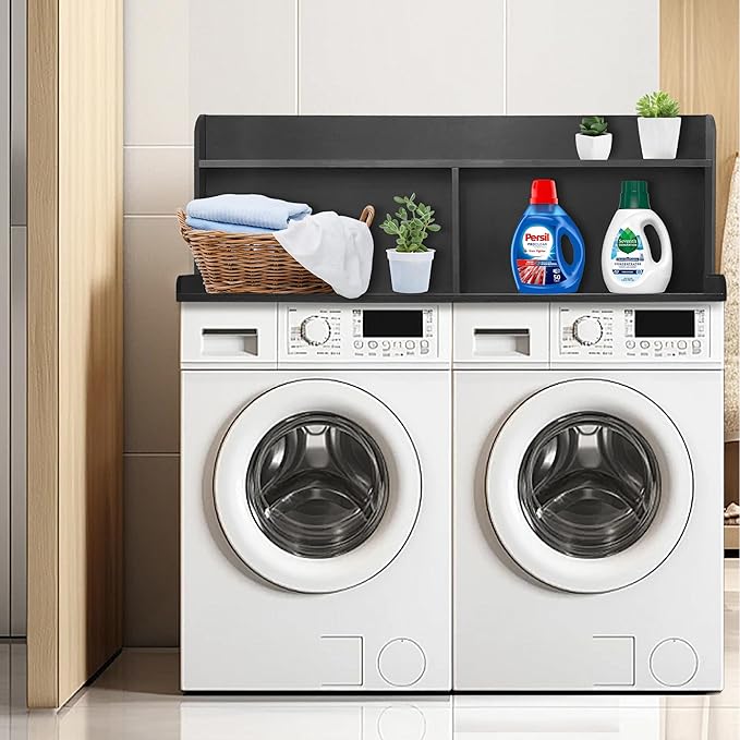 Royxen 2-Tier Washer Dryer Countertop,19.5"H Wood Washer and Dryer Topper with Storage Shelf,Laundry Countertop Over Washer Machine, Universal Fit for Laundry Room Organization (Black, 54"W X 27.5"D)-Ruum Studio Home