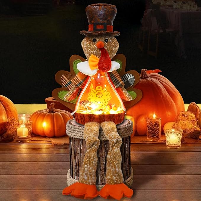 Lighted Christmas Doll, Plush Light Up Christmas Doll Toy Holiday Present, Battery Operated Xmas Gifts Winter Mantle Tabletop Decor (Brown Thanksgiving Turkey 16in)-Ruum Studio Home