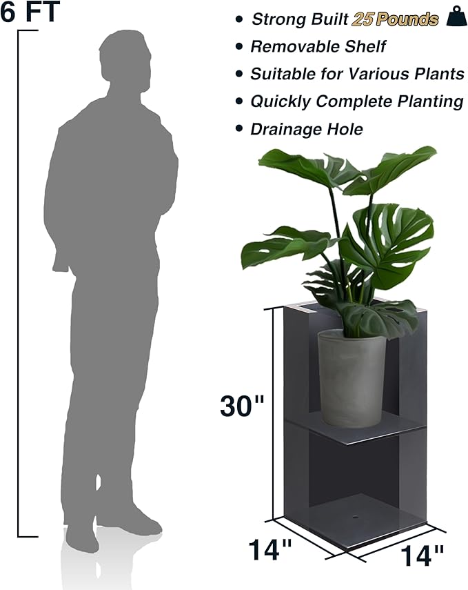 Metallic Heavy Tall Outdoor/Indoor Planter Box, Rectangular, 14Lx14Wx30H Inches, ‎25LBS/PC, Dark Gray, No Assembly Required and Seamless, Set of 2-Ruum Studio Home