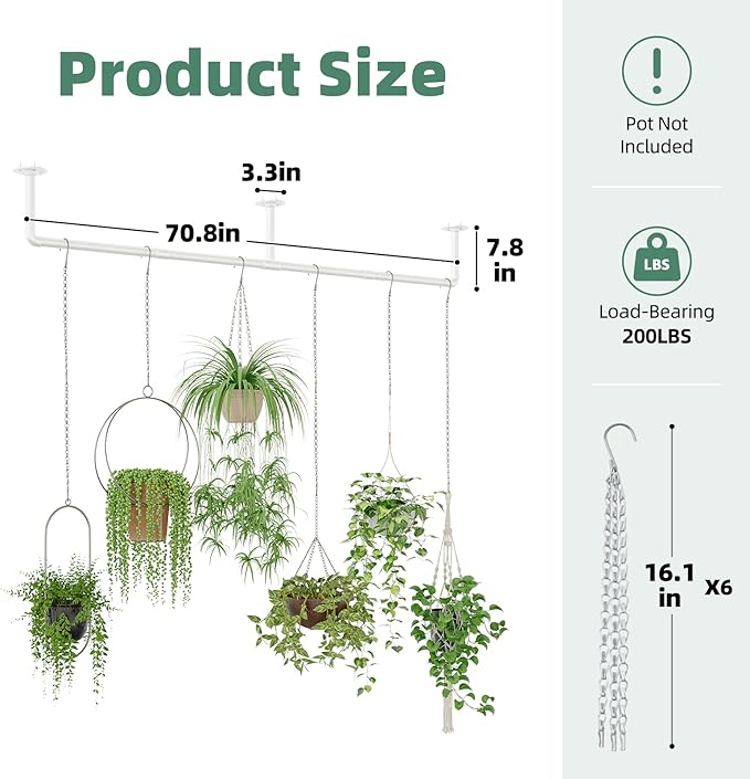 Plant Hanger Indoor with 6 Hanging Chains Hanging Planters for Indoor Plants Hanging Plant Holder Window Plant Shelves White Metal Rod(Pot not Included-Ruum Studio Home