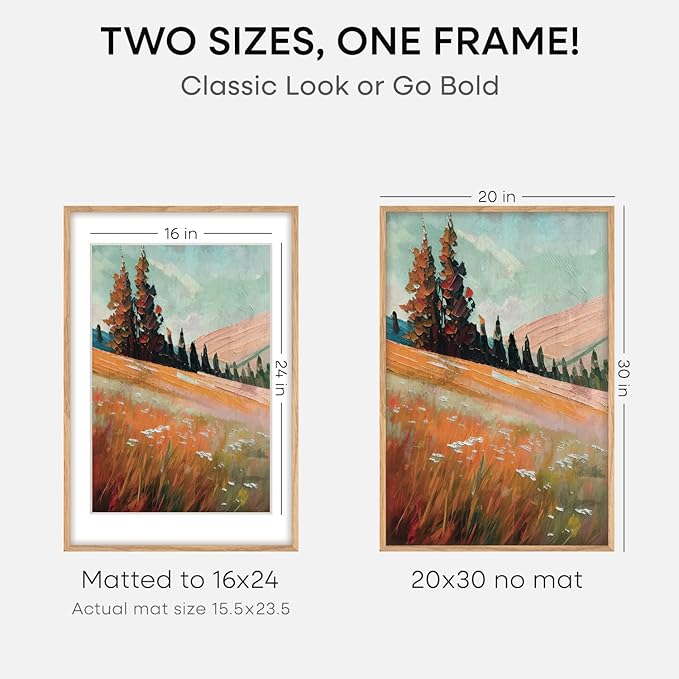 Homeforia 20x30 Picture Frame Wood, High End Natural Oak 20 x 30 Frame with Mat 16 by 24, 20x30 Light Wooden Poster Frames Matted to 16x24 Photo, 30by20 Large Frame, Tempered Glass, Wall Kit, Set of 1-Ruum Studio Home