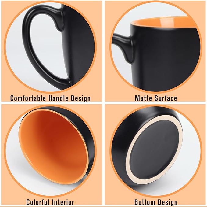 16 OZ Stoneware Coffee Mug Set of 6, Black Ceramic Mug with Different Color Inside, Colorful Porcelain Mug with Handle for Latte Espresso Cappuccino-Ruum Studio Home