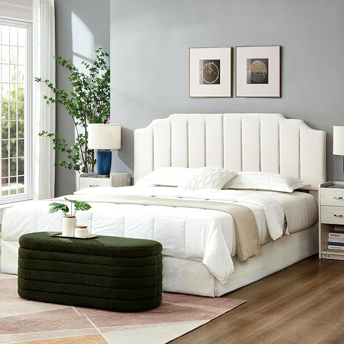24KF White Teddy Fabric Tufted King Upholstered Headboard, Modern Vertical Channel Design California King Headboard with Stepped Silhouette Top Edge,6026-K-Teddy White-Ruum Studio Home