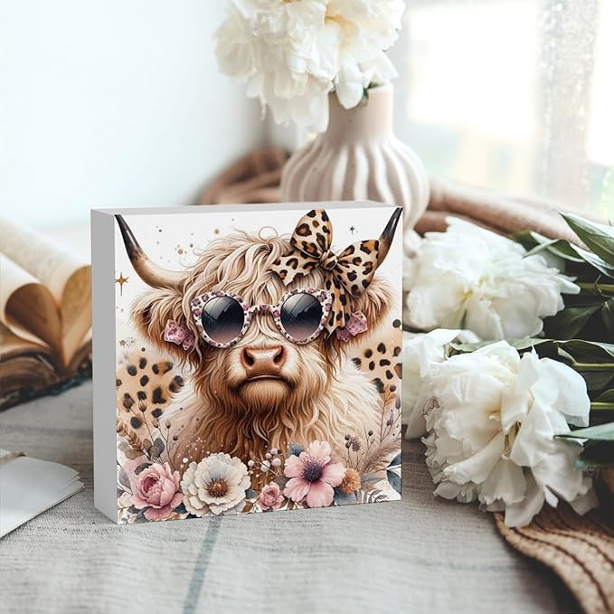 Highland Cow Decor, Highland Cow Gifts for women, Cow With Leopard Bow, Highland Cow Nursery Decor, Wooden Box Decor Sign for Home Farmhouse Office Living Room Table Shelf-Ruum Studio Home