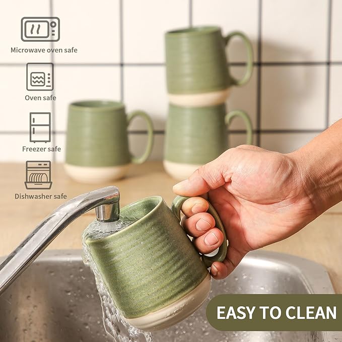 Large Ceramic Coffee Mugs Set - 15 OZ Porcelain Coffee Latte Cups Set of 4 with Handle Perfect for Cappuccino, Tea, Mocha, Hot or Cold Drinks, Unique Glaze Design for Home, Cafe and Coffee Bar, Green-Ruum Studio Home