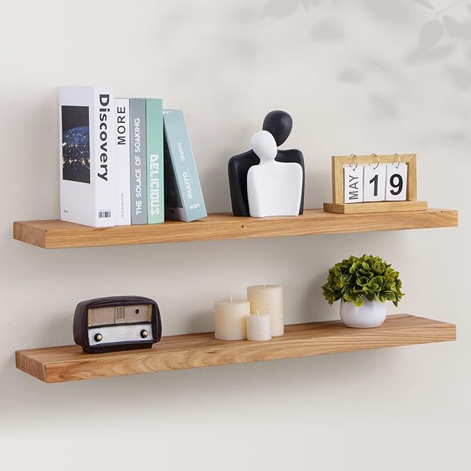 Axeman Floating Shelves for Wall, 8 Inch Deep Rustic Solid Elm Wood Wall Shelves for Storage, Wall Mounted Display Shelving with Invisible Heavy-Duty Metal Bracket, 36'' Width Set of 2, Natural-Ruum Studio Home