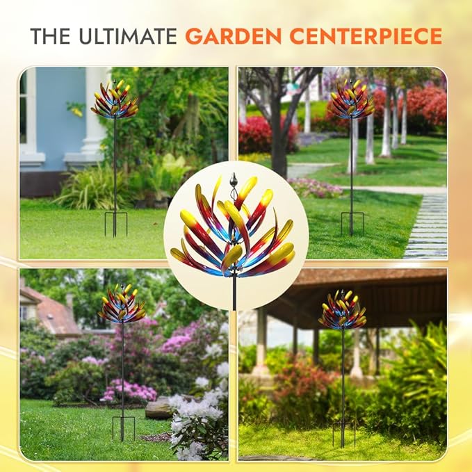 Large Wind Spinners - Decorative Garden Whirligigs - Durable Metal Flower Art - Ideal for Yard Decor and Gifts Colorful 88" H x 27" W-Ruum Studio Home