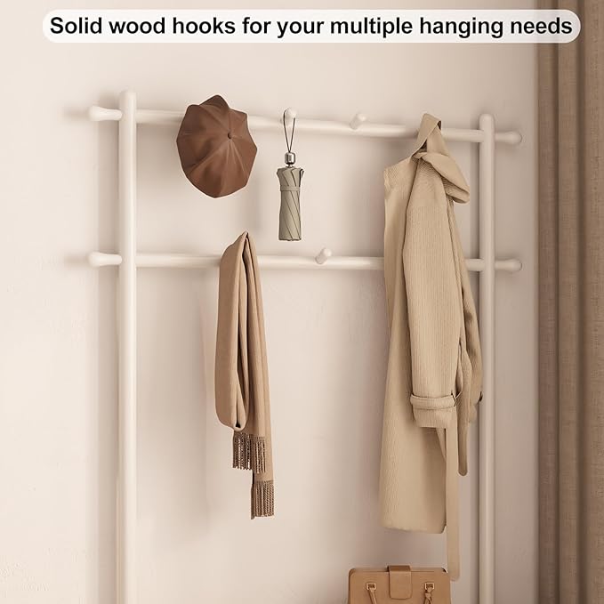 Coat Rack with Shoe Storage, Wooden Hall Tree with Bench, 11 Hooks and 2-Tier Storage Shelves, 3-in-1, Entryway Bench with Coat Rack (39.3"-Deep White)-Ruum Studio Home
