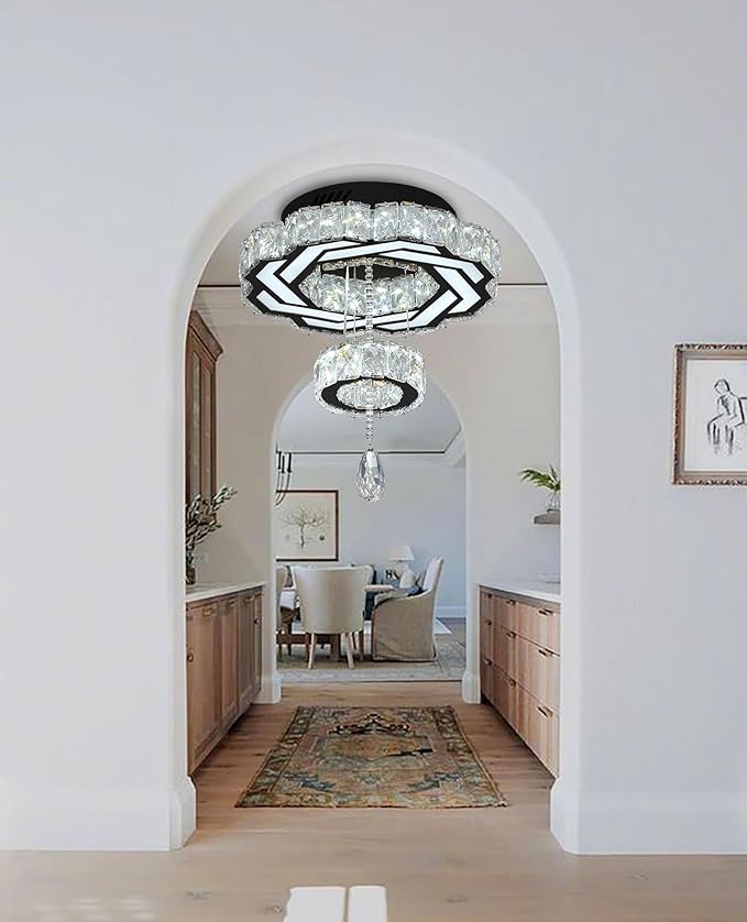 Flashing God Small Crystal Chandeliers Dia 12" Black Chandelier Flush Mount Ceiling Light for Bedroom Living Room Dining Room Hallway Dimmable 3 Rings LED Celing Lighting Fixtures-Ruum Studio Home