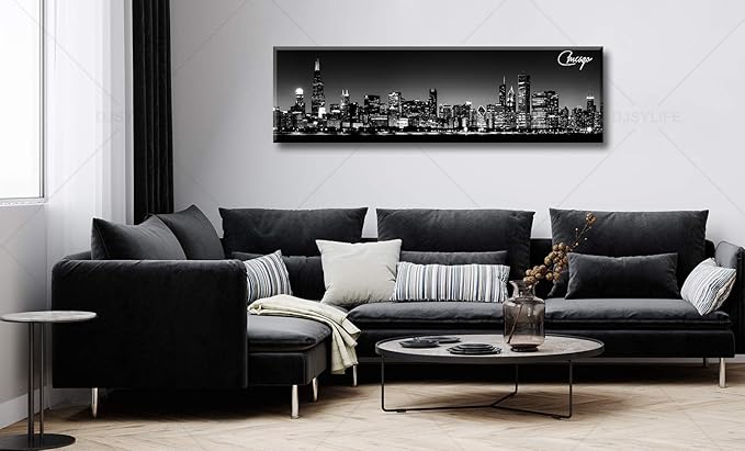 Office Wall Decor Black and White Wall Art Chicago Skyline Pictures for Living Room Modern Large Canvas Print Artwork Stretched and Framed 13.8"X47.3"-Ruum Studio Home