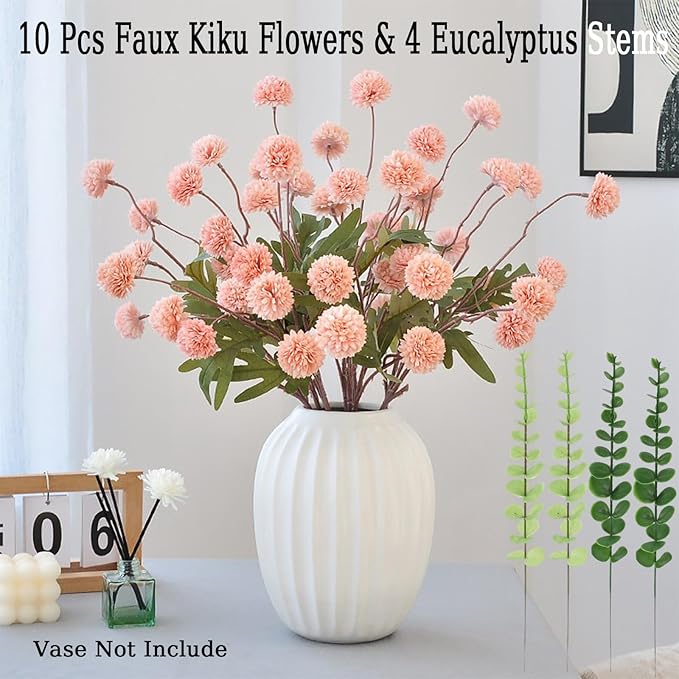 Faux Pink Kiku Flower, 10 Stems with 5 Heads Each & 4 Branches Eucalyptus Stems, Artificial Small Mini Chrysanthemum Flowers for Aesthetic Room Decor, Floral Arrangements Centerpiece-Ruum Studio Home