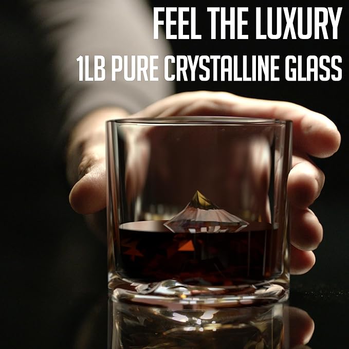 Mount Everest Heavy Crystal Whiskey Glasses Gift Set of 2, Thick Freezable Bourbon Glass 1lb Each, Premium Whiskey Gifts for Men, Frozen Crystal Chills Cocktails, 10 oz-Ruum Studio Home