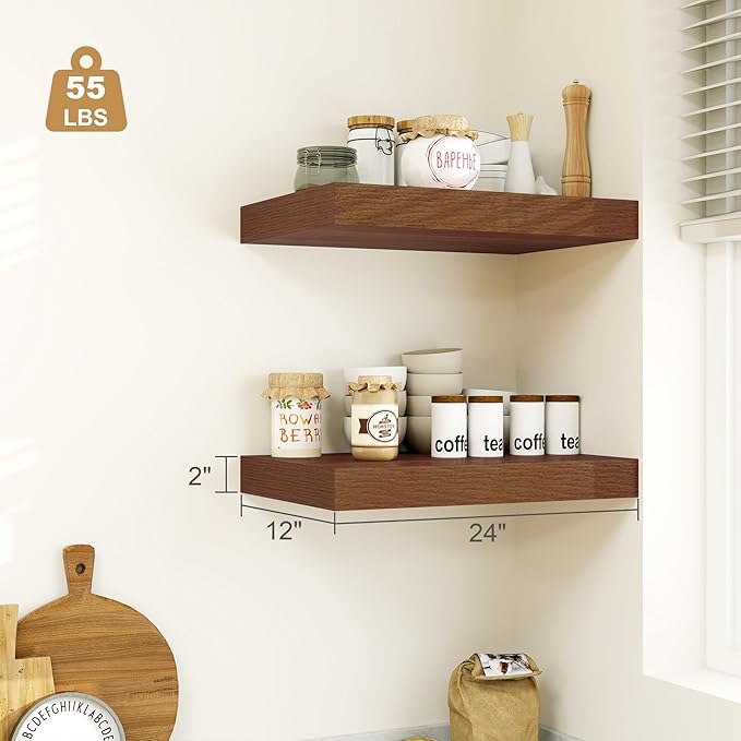 Heimlove 12" Deep Floating Shelves for Wall, 24 Inch Wall Shelf Bathroom Shelves Set of 1, Wall Mounted Shelves for Books Living Room Laundry Room Bedroom Kitchen Home Office, Walnut-Ruum Studio Home