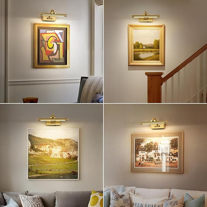 Wireless Picture Lights for Wall Rechargeable Brass Gallery Lights Battery Operated Art Lamps with Remote and Timer Dimmable Painting Lights for Artwork Portrait Display 12 Inch 2W 2700K-Ruum Studio Home