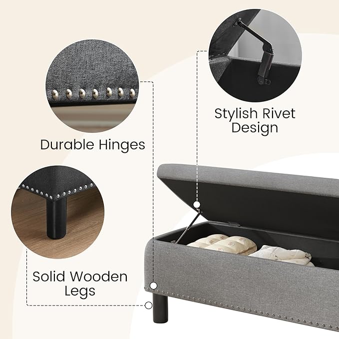 Furniliving Ottoman Bench with Storage, Folding Storage Ottoman Bench with Wood Legs, Upholstered Bedroom Bench with Button-Tufted, Entryway Bench Storage Bench for Bedroom, Linen (Darkgrey)-Ruum Studio Home