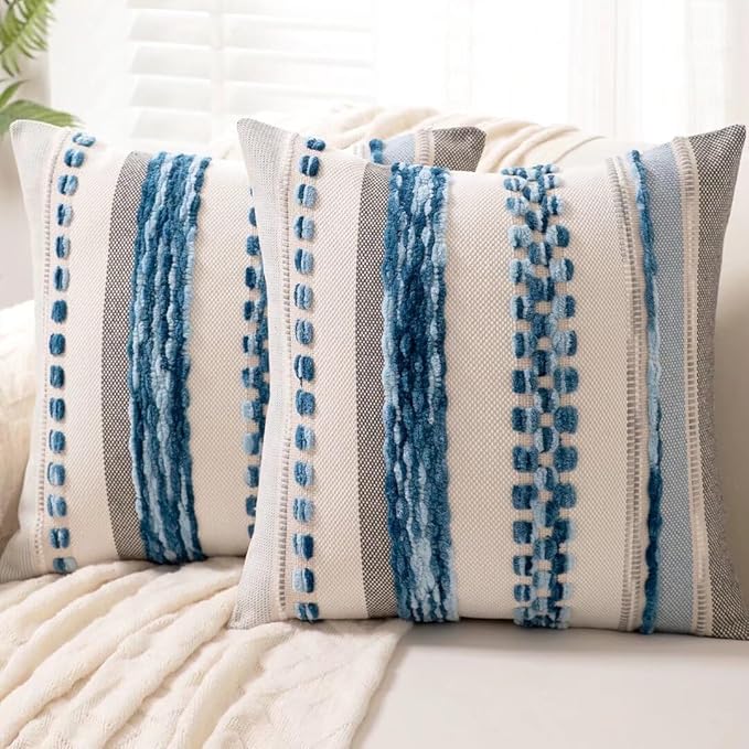 Boho Throw Pillow Covers 18x18 Set of 2 Farmhouse Decorative Cushion Case Striped Square Pillows Cover Chenille Pillow Cases Accent Neutral Pillowcase for Sofa Couch Bed,Sky Blue-Ruum Studio Home