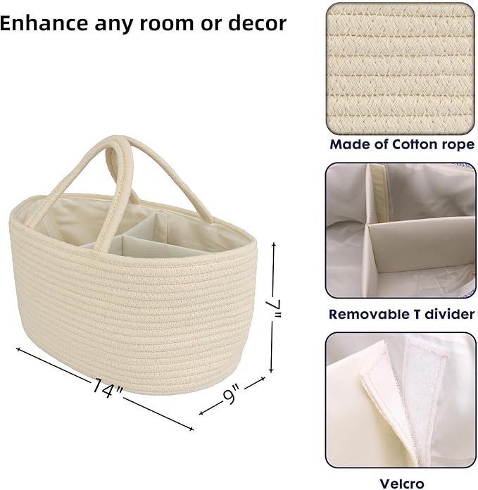 Diaper Caddy Organizer Cotton Rope Baby Basket Nursery Storage and Portable Tote Bag for Car Ideal Baby Shower Gifts and Registry Must-Have for Newborn Essentials beige-Ruum Studio Home
