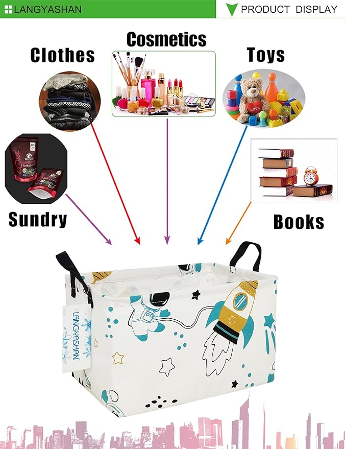 LANGYASHAN Rectangular Storage Bin Collapse Canvas Fabric Cartoon Storage Basket with Handles for Organizing Home Kitchen Boys and Girls Toys Office Closet Shelf Baskets (Rec space astronaut)-Ruum Studio Home