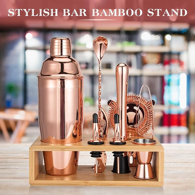 Cocktail Shaker Set, Mixology Bartender Kit 10-Piece Bar Tool Set with Stylish Bamboo Stand, Bar kit: Matini Shaker Mixing Spoon Muddler Jigger Cocksrew for Barware Set | Rose-Ruum Studio Home