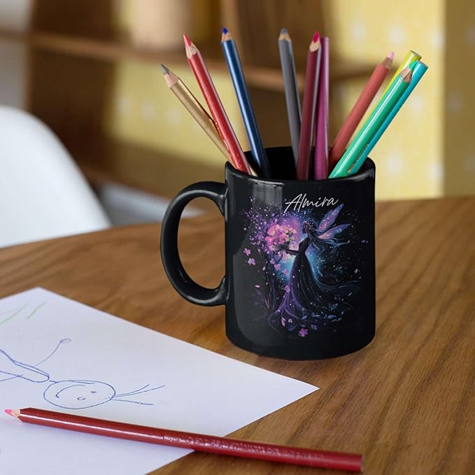 Personalized Beautiful Fairy Holding Flower Coffee Mug, Custom Name Ceramic Cup 11oz 15oz, Enchanted Fantasy Themed Mug, Custom Fairy Lovers Black Cup, Kids Mug, Elegant Fairy Mug-Ruum Studio Home