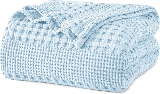 PHF 100% Cotton Waffle Weave Blanket King Size, Soft Lightweight Breathable Cozy Summer Blankets for Bed, Luxury Aesthetic Woven Bedding for Home Decor, 108"x90", Baby Blue-Ruum Studio Home