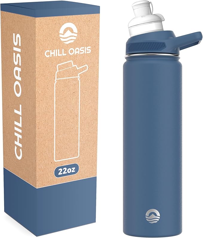 Chill Oasis Water Bottle | Compatible With Popular Flavor Cartridges | BPA Free, Leak Proof, Double-Walled Vacuum Insulated Stainless Steel, and Dishwasher Safe | Cold for 24 Hours (Navy, 22oz)-Ruum Studio Home