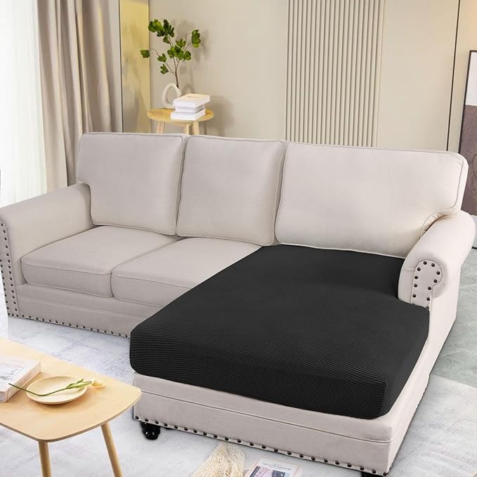 H.VERSAILTEX Super Stretch Individual Chaise Cover Sectional Couch Covers for L Shaped Sofa Both Left/Right Featuring Thick Jacquard Textured Twill Fabric (1 Piece Chaise Cover Large, Black)-Ruum Studio Home