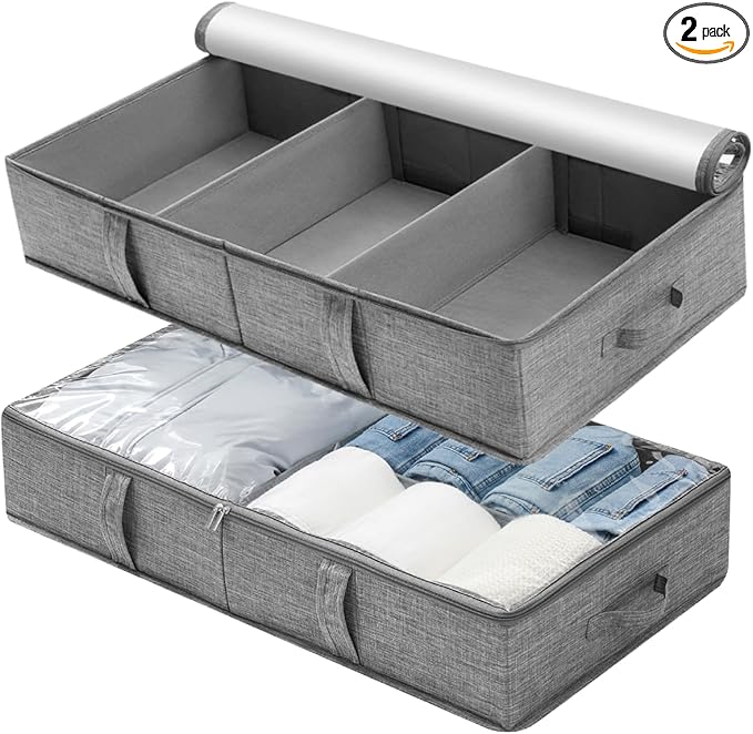 2 Packs Under Bed Storage Containers, Foldable Clothes Draw Organizers with Adjustable Dividers, Handles, Clear Window, Closet Storage Bins for Clothing, Shoes, Blankets-Ruum Studio Home