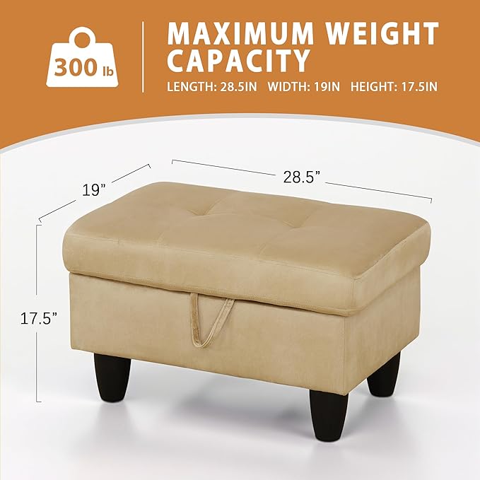 Ottoman Rectangular Storage Ottoman Bench, Flannel Footrest Stool Footstool with Lid for Living Room, Bedroom, Entryway, Light Brown, 28.5"x19"x17.5"-Ruum Studio Home