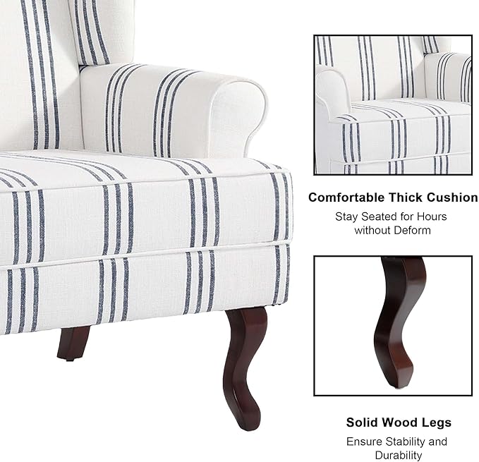 Accent Chair, High Back Upholstered Armchair with High Resilience Sponge & Wood Legs, Mid-Century Modern Comfy Single Sofa Reading Chairs for Living Room, Bedroom (Stripe Navy, Set of 1)-Ruum Studio Home