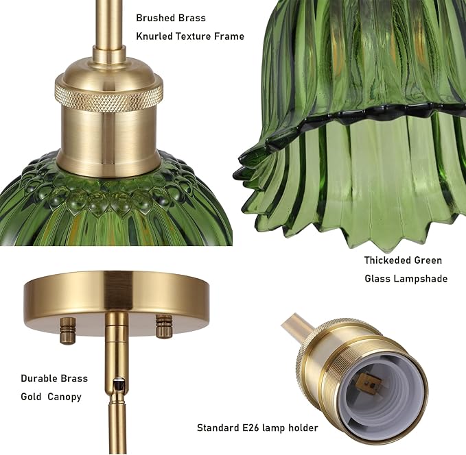 Modern Gold Pendant Light 3 Pack Brushed Brass Mid Century Chandelier Green Glass Shades Adjustable Rods Farmhouse Ceiling Hanging Lighting Fixture Kitchen Island Dining Room Bedroom-Ruum Studio Home