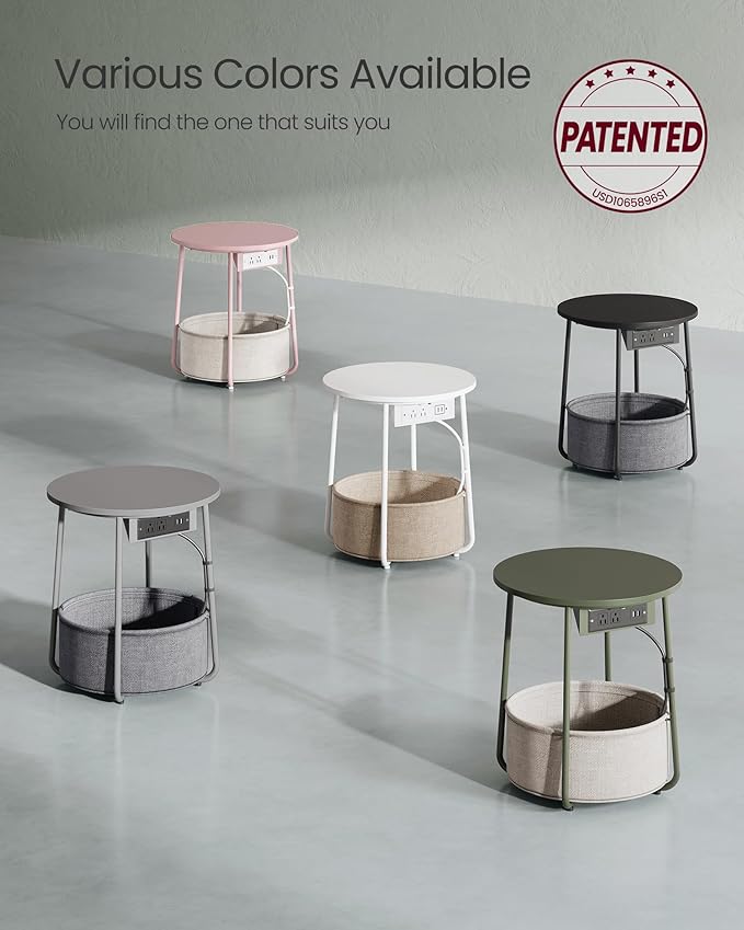 VASAGLE Side Table with Charging Station, Round End Table with Fabric Basket, Nightstand with Power Outlets, USB Ports, for Living Room, Bedroom, Modern, Forest Green and Cream White ULET228C04-Ruum Studio Home