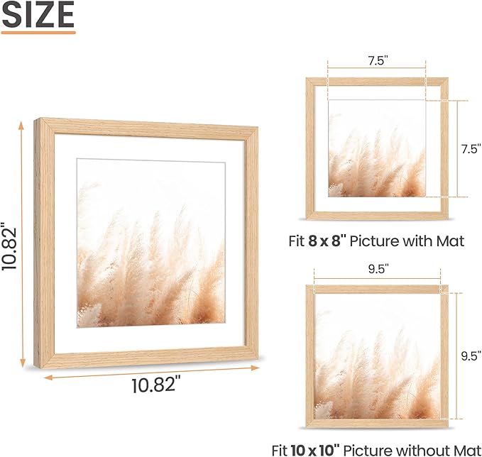 upsimples 10x10 Frame, Natural Solid Wooden Picture Frames, Display 8x8 with Mat or 10 x 10 Without Mat, Wall or Tabletop, 1 Pack, Natural-Ruum Studio Home