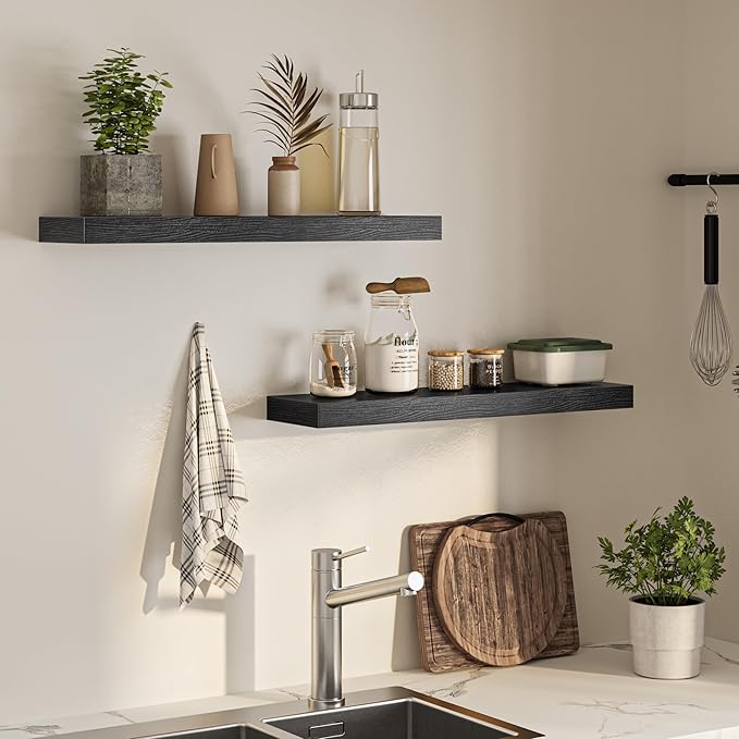 Floating Shelves for Wall, 31.5" W x 6.7" D x 1.5" H, Wooden Wall Mounted Display Shelves with Invisible Brackets for Living Room, Bedroom, Bathroom, Kitchen Decor and Storage, Set of 2, Black-Ruum Studio Home