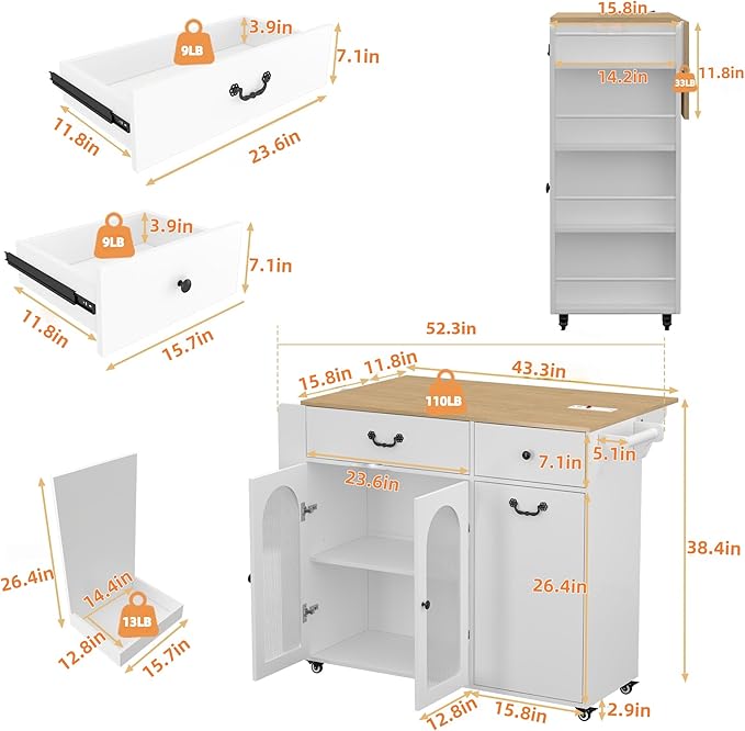 Kitchen Island with Drop Leaf & Power Outlet, Rolling Kitchen Island on Wheels with Trash Can Storage, Island Table Bar Cart with Spice Rack, Towel Rack, Drawers, Mobile Kitchen Carts on Wheels-Ruum Studio Home