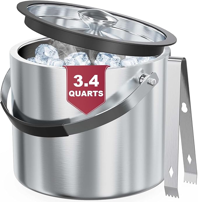 3.2 Liter Ice Bucket with Silicone Lid, Strainer, Tongs, Double Wall Insulated Stainless Steel Ice Bucket Wine Bucket for Cocktail Bar and Parties-Ruum Studio Home