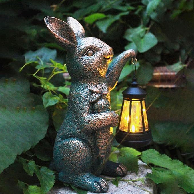 Solar Garden Statues -Rabbit Lantern Outdoor Handmade Resin Statue with LED Light, Cute Carrot Holder for Patio, Yard, Gift Ideas (rabbit2)-Ruum Studio Home