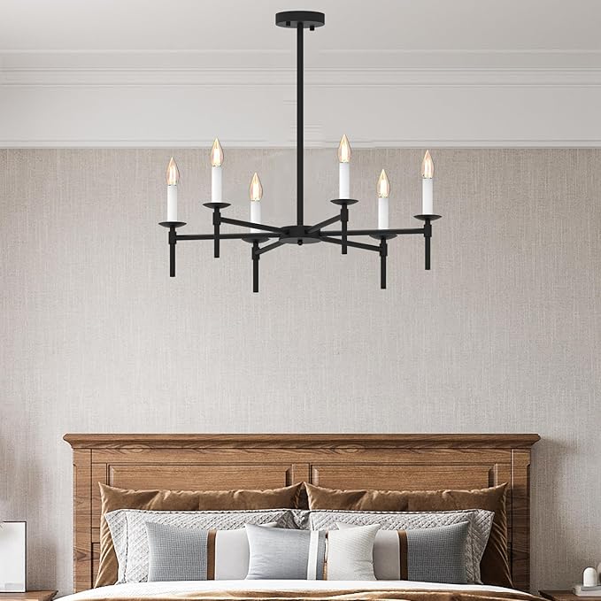 Black LED Chandeliers, Round Candle Hanging Lamp Ceiling, Modern Bedroom Chandelier Light Fixture for Kitchen Island Dining Room Living Room Farmhouse (Black-B 6Lights)-Ruum Studio Home