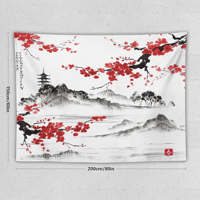 Cherry Blossoms Tapestry, Japanese Fuji Mountain Tapestry, Asian Japanese Wall Tapestry, Nature Landscape Tapestries for Bedroom Living Room Decor 80"x60"-Ruum Studio Home
