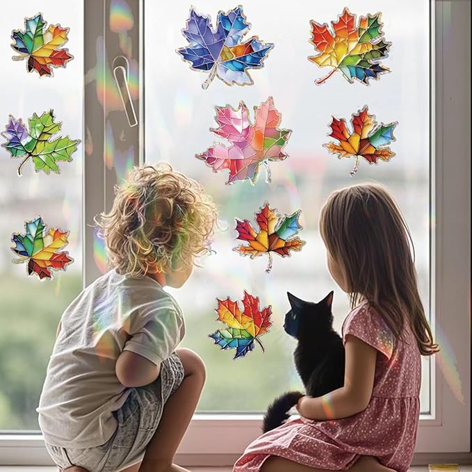 14pcs Window Decals for Bird Strikes, Anti Collision Window Clings, Rainbow Reflection Window Sticker, Maple Leaf Style Sun Catcher Stickers for Glass Windows-Ruum Studio Home