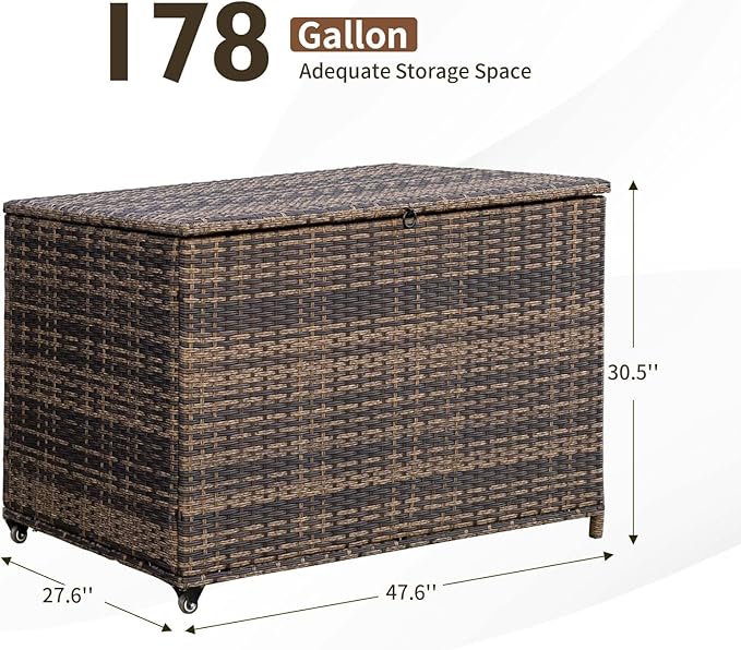 178 Gallon Outdoor Storage Box, Handle Large Portable Wicker Rattan Deck Box for Patio Furniture Cushions, Patio Deck Box with 2 WheelsThrow Pillows, Garden Tools and Pool Floats (Brown)-Ruum Studio Home