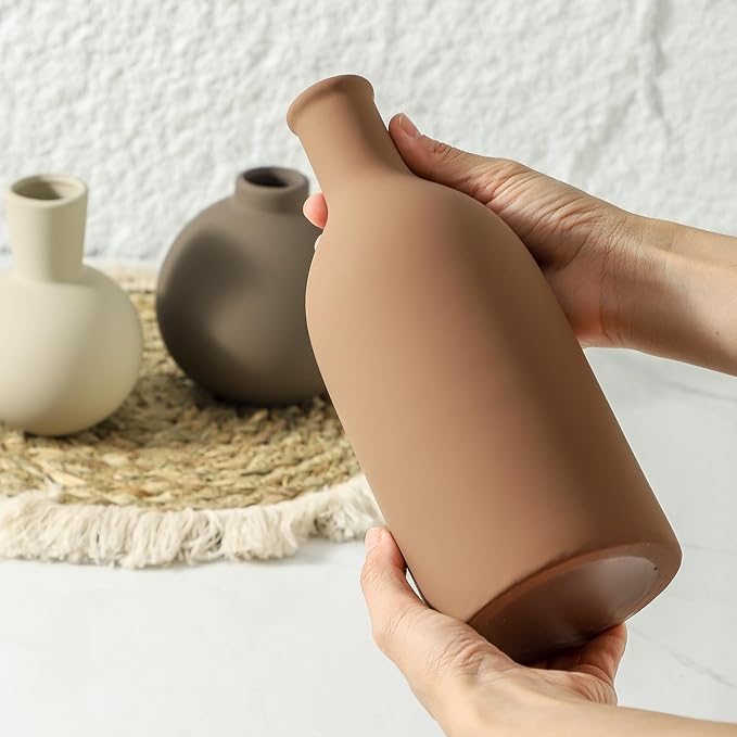 Vase Set of 3 | Ceramic Neutral Vases Home Decor | Rustic Flower Pottery Vases Modern Farmhouse Vase for Table Entryway Mantel Centerpiece Bookshelf Living Room Bathroom Bedroom -Brown Large-Ruum Studio Home